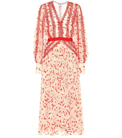 Self-portrait Crescent Guipure Lace-trimmed Pleated Printed Chiffon Maxi Dress In Red