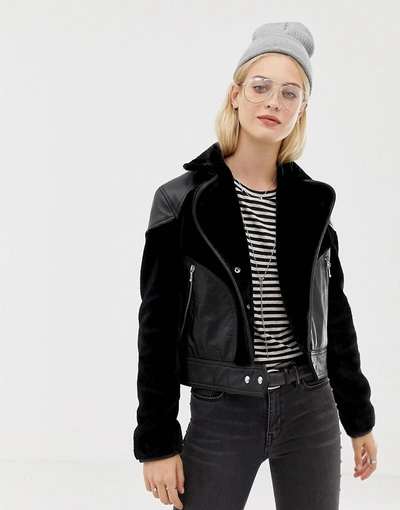 Allsaints Zola Leather Jacket With Faux Fur Panels-black