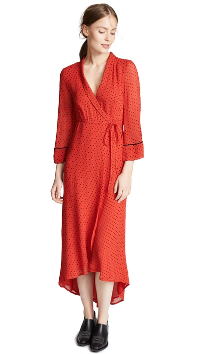 Ganni Polka-dot Chiffon Wrap Midi Dress In Red