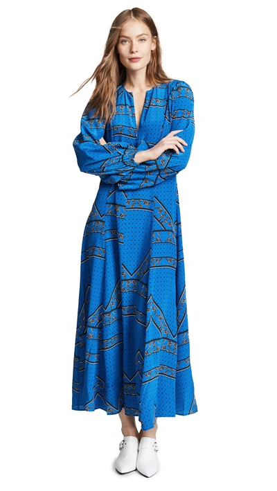 Ganni Printed Silk Crepe De Chine Maxi Dress In Blue