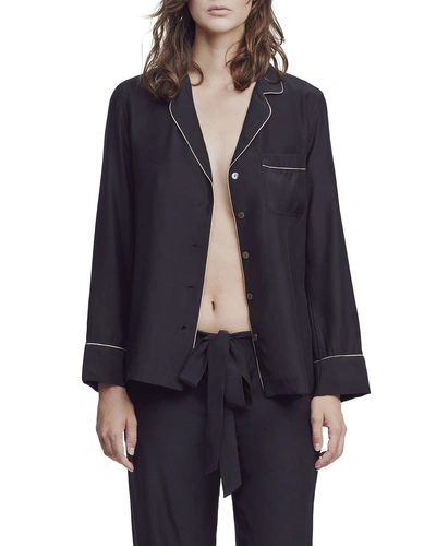 Kiki De Montparnasse Long-sleeve Silk Pajama Top In Black