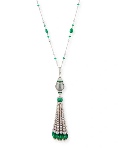 Andreoli 18k White Gold Emerald, Diamond & Pearl Tassel Necklace