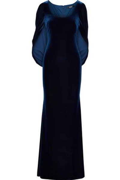 Badgley Mischka Cape-effect Velvet Gown In Indigo