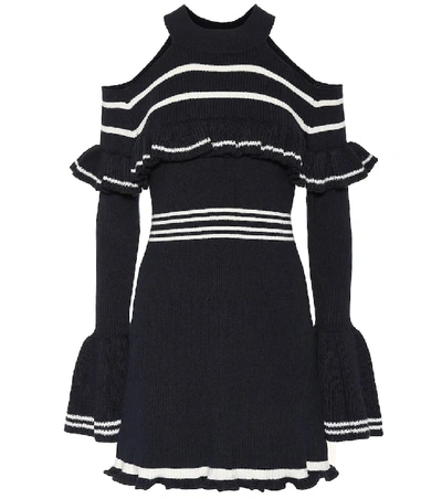 Self-portrait Cold-shoulder Ruffled Striped Ribbed-knit Mini Dress In Navy