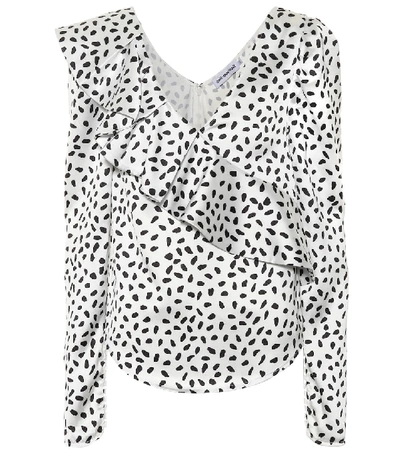 Self-portrait Polka-dot Ruffled Satin Top In White,black