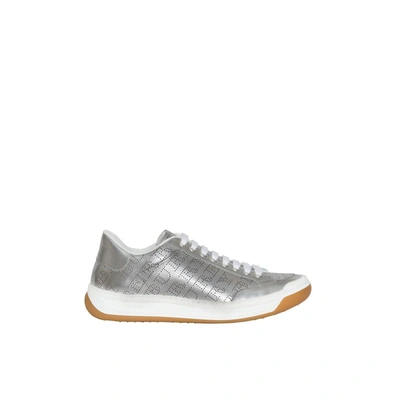 Burberry Perforated Logo Metallic Leather Sneakers In Silver