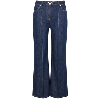 Valentino High Waist Flared Cotton Denim Jeans In Blue