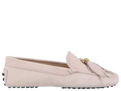 Tod's Suede Gommino Loafers With Feathers In Pink