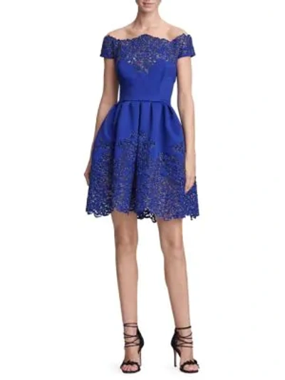 Marchesa Off-the-shoulder Metallic Laser-cut Fit-and-flare Cocktail Dress In Cobalt