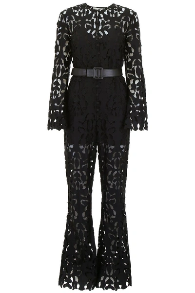 Self-portrait Tech Lace Jumpsuit W/ Faux Leather Belt In Black
