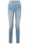 BALMAIN BUTTON-DETAILED FADED HIGH-RISE SKINNY JEANS,3074457345619765643