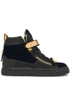 GIUSEPPE ZANOTTI SMOOTH AND PATENT LEATHER-TRIMMED VELVET HIGH-TOP SNEAKERS,3074457345619727132