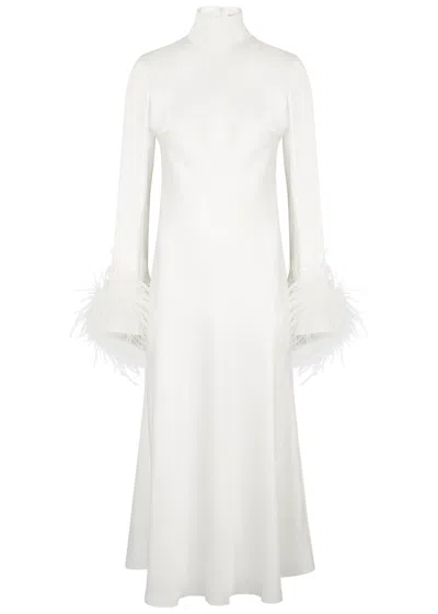 16arlington 16 Arlington Umiko White Feather-trimmed Satin Midi Dress In Ivory