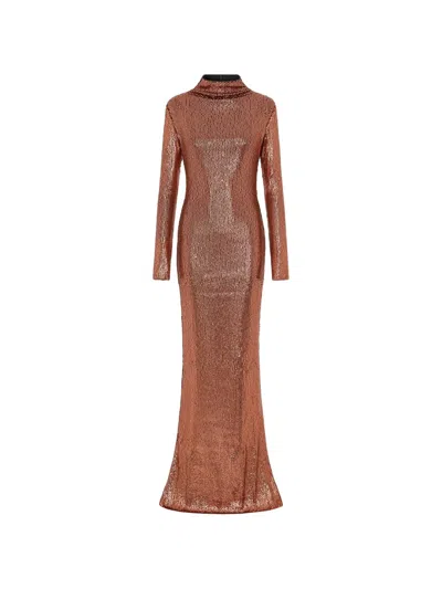 16arlington Alne Diamond-sequin Long-sleeved Skim-fit Maxi Gown Dresss In Brown