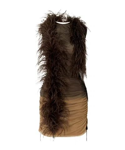 16arlington Antares Feather-trimmed Bead-embellished Stretch-tulle Mini Dress In Brown