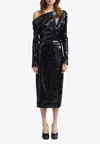 16arlington Danae Draped Asymmetric Sequined Crepe Midi Dress In Black