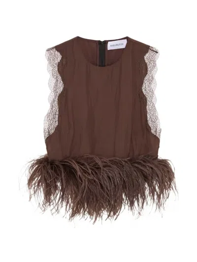 16arlington Dickens Feather-trim Lace-detail Top In Brown