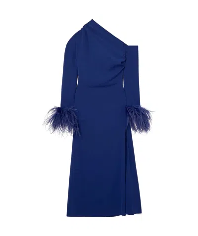 16arlington Adelaide One-shoulder Feather-trimmed Crepe Midi Dress In Indigo
