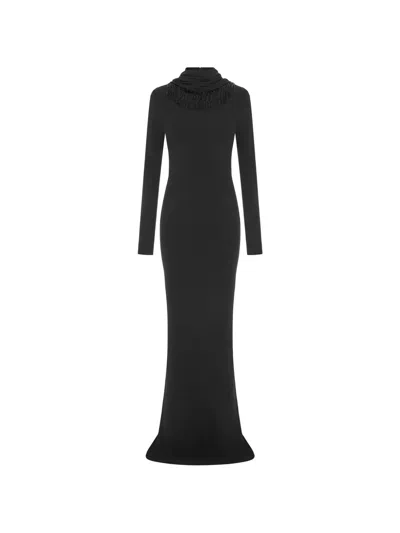 16arlington Foyle Bead-fringed Long-sleeved Fitted Maxi Gown Dress In Black