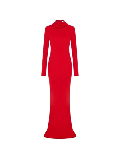 16arlington Foyle Draped-neck Long-sleeved Bodycon Maxi Gown Dress In Red