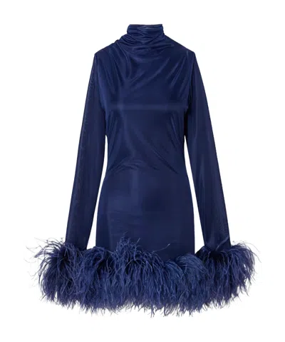 16arlington Luna Feather-trimmed Stretch-jersey Turtleneck Mini Dress In Blue