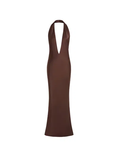 16arlington Maren Halterneck Satin Maxi Dress In Brown