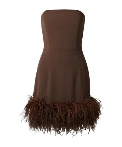 16arlington Minelli Strapless Feather-trimmed Crepe Mini Dress In Brown