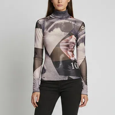 Pre-owned 16arlington Multicolor Abstract Print Mesh Knit Turtleneck Top Xs
