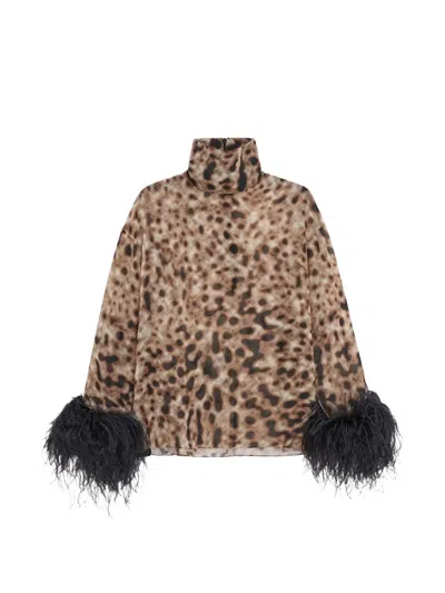 16arlington Olyss Feather-trimmed Animal-print Top In Brown