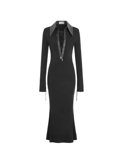 16arlington Talia Lace-up Collared Midi Dress In Black