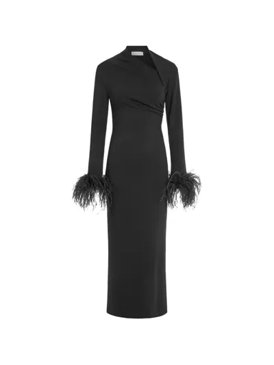 16arlington Yola Feather-trim Midi Dress In Black