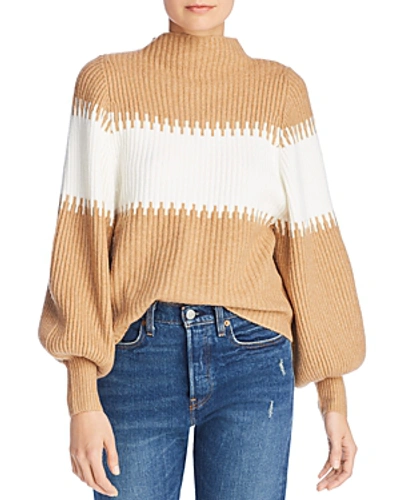 French Connection Striped Blouson Sleeve Sweater In Camel/white