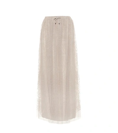 Brunello Cucinelli Embroidered Tulle Maxi Skirt In Grey