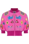 MOSCHINO MOSCHINO WOMAN CROPPED APPLIQUÉD CREPE BOMBER JACKET BRIGHT PINK,3074457345619743756