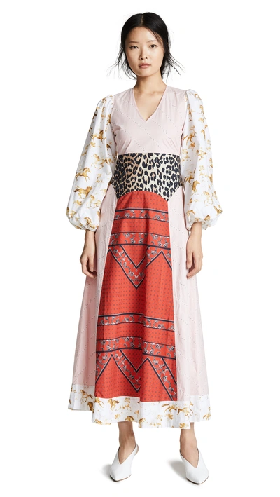 Ganni Paneled Printed Cotton-poplin Maxi Dress In Pink