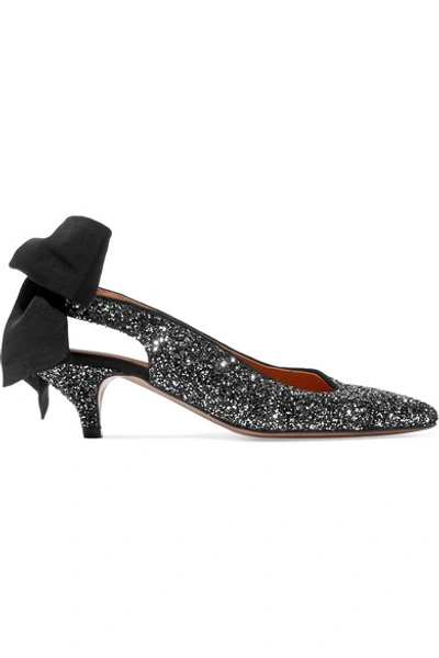 Ganni Bow-detailed Glittered Leather Slingback Pumps In Silver