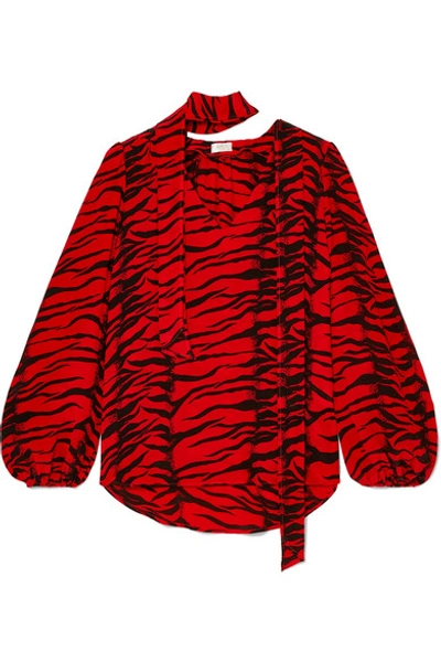 Rixo London Moss Pussy-bow Tiger-print Silk-crepe Blouse In Red