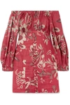 ZIMMERMANN JUNO OFF-THE-SHOULDER FLORAL-PRINT LINEN MINI DRESS