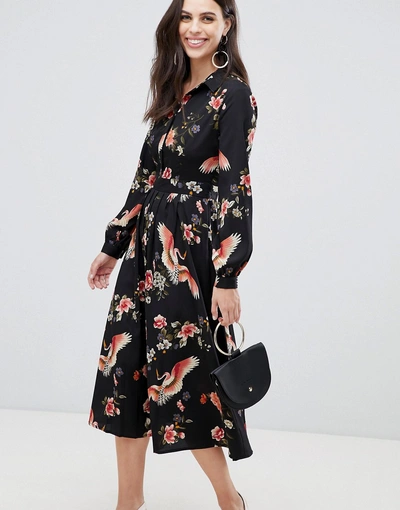 Liquorish Midi Shirt Dress With Pleated Skirt In Floral Print - Black