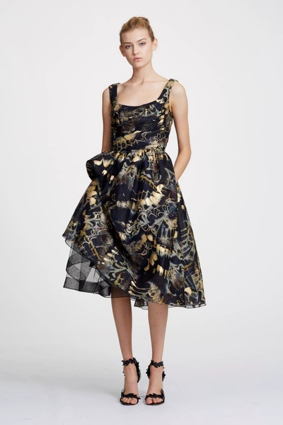 Marchesa Foil Print Bubble Skirt Silk Evening Dress In Gold Midnight