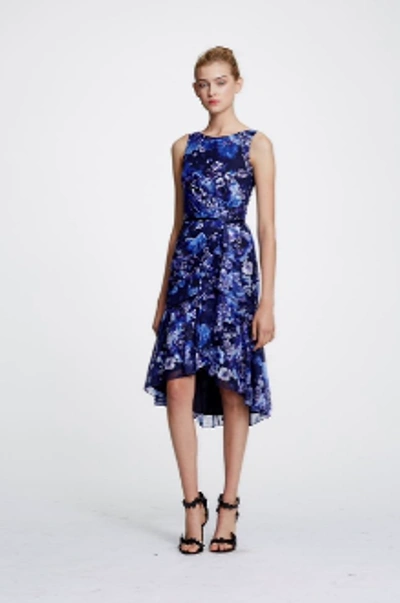 Marchesa Notte Burnout Floral-print Sleeveless Chiffon Dress W/ Cascading Side Ruffle In Navy