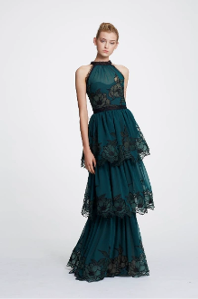 Marchesa Notte Tiered Embroidered Chiffon Gown In Forest Green