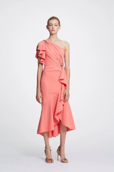 Marchesa Notte March Book One-shoulder Ruffle-sleeve Crepe Dress W/ Beaded Embroidery In Coral