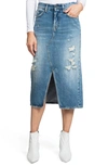 PRPS SPLIT FRONT DISTRESSED DENIM MIDI SKIRT,F86K01