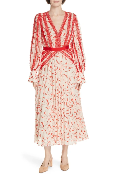 Self-portrait Crescent Guipure Lace-trimmed Pleated Printed Chiffon Maxi Dress In Red