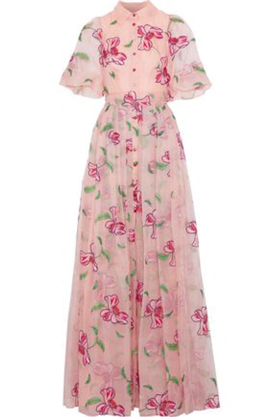 Carolina Herrera Floral-embroidered Button-front Short-sleeve Evening Gown In Peony