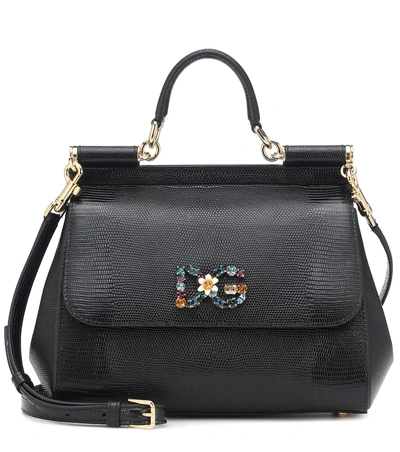 Dolce & Gabbana Embellished Medium Sicily Leather Bag In Black