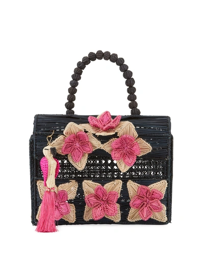 Mercedes Salazar Iraca Palm Threaded Fabric Top-handle Bag In Black/pink