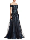 RENE RUIZ Off-The-Shoulder Sequin A-Line Gown