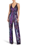 Dress The Population Charlie Brushstroke Sequin Sleeveless Jumpsuit In Merlot Multi